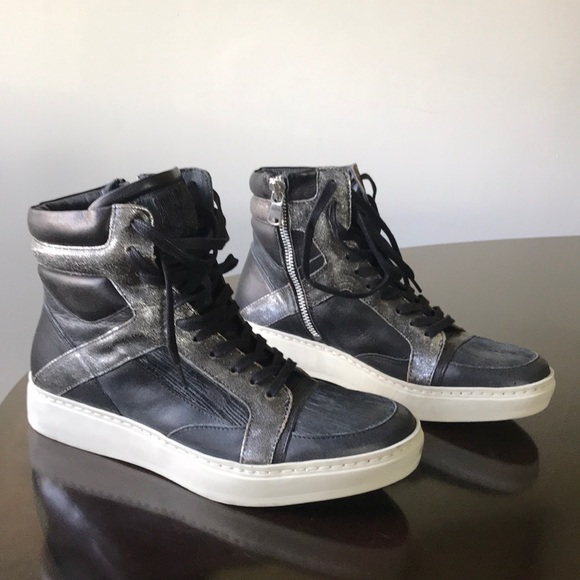 John Varvatos Gray & Black Leather hi Top Sneakers